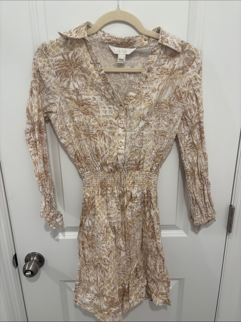 Lilly Pulitzer Beige and Cream Printed Smocked-Waist Long Sleeve Dress